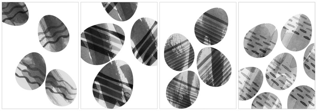 Modern minimal Easter Postcard Egg set, handmade Watercolor painting illustration black and white