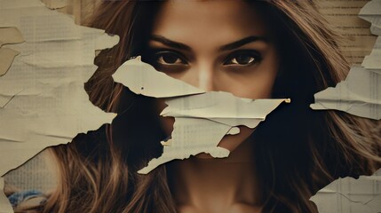Woman with Torn Paper Photo Effect AI generated image - obrazy, fototapety, plakaty