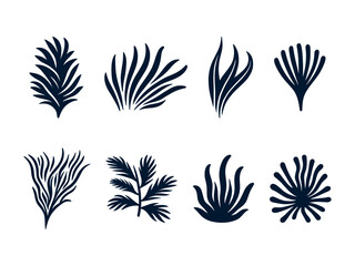 Vector set of black stylized icons of seaweed on a white background.