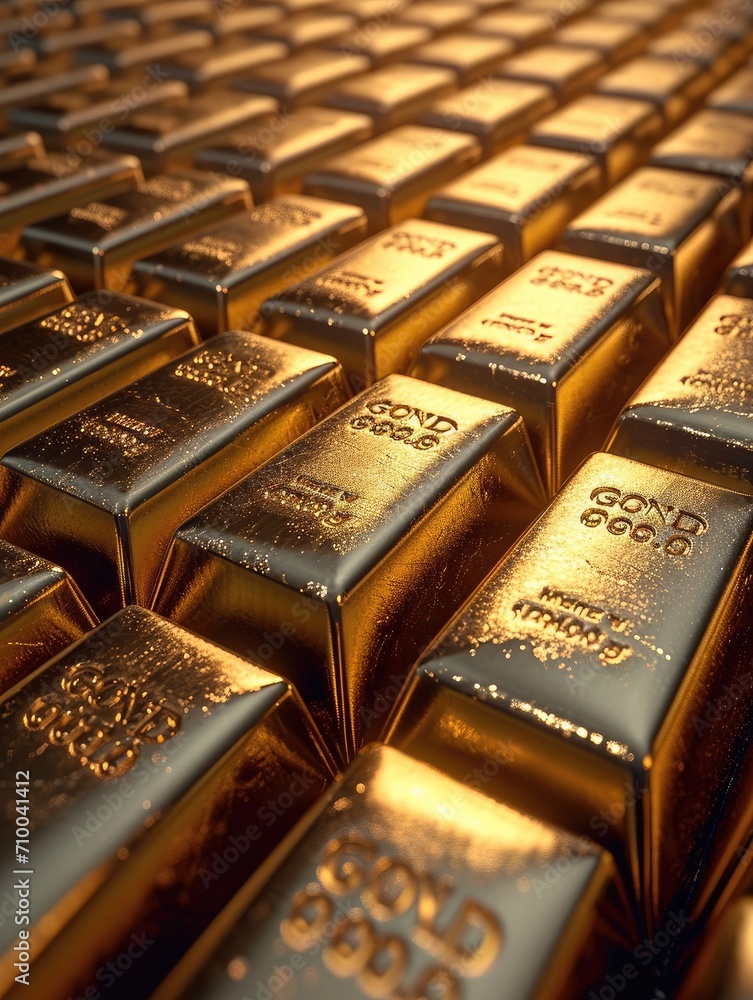 Poster large stack of gold bars in the style of dark yellow. generative ai.
