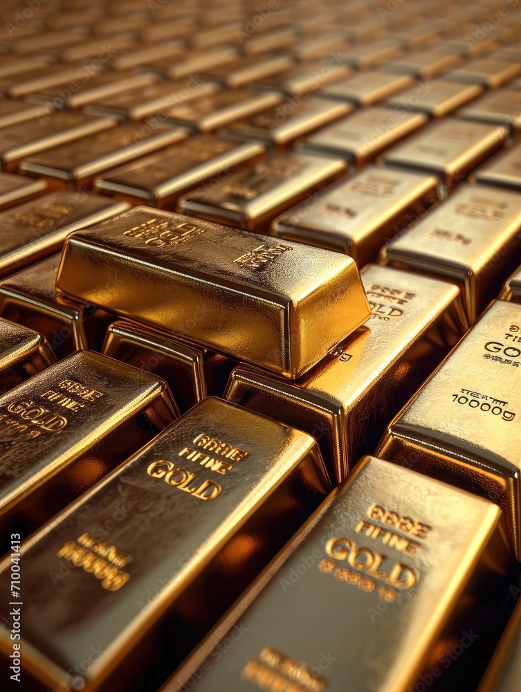 Poster Large stack of gold bars in the style of dark yellow. Generative AI.