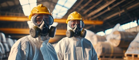Two environmental engineers in protective gear and gas masks inspected an old, hazardous fuel leakage and its impact on the environment in a contaminated warehouse. - obrazy, fototapety, plakaty