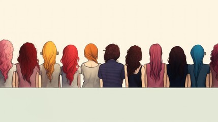 Rows of women with different colored long hair AI generated image