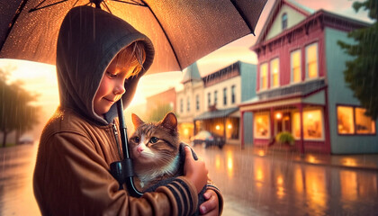 Companions in the Rain: A Heartwarming Bond Between a Boy and His Cat on a Rainy Day