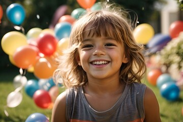 Fototapeta na wymiar Joyful child at a colorful balloon celebration outdoors. AI