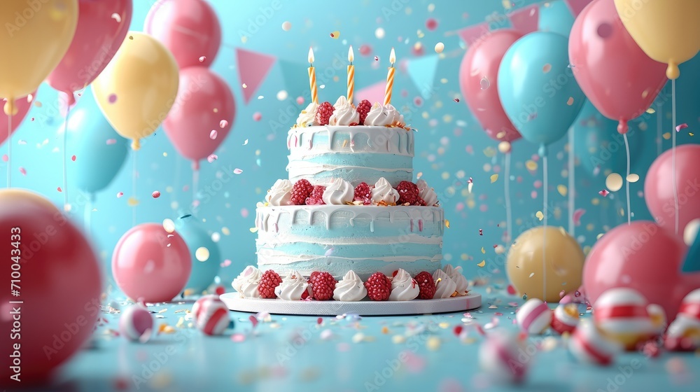 Poster Background with front view of a happy birthday party elements, 3d rendering. Generative AI.