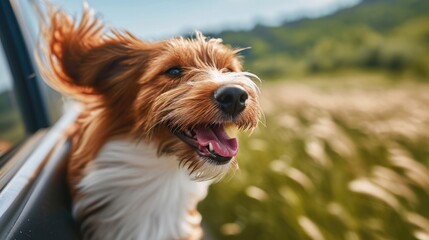 Happy dog with head out car window and hair blowing in wind. Generative AI.