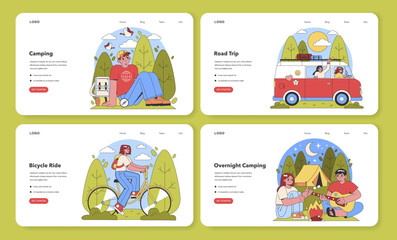 Fototapeta premium Exploring Outdoors set. Cozy campfire moments, joyful road trips, tranquil bicycle rides, relaxing fishing retreats. Captivating camping experiences. Flat vector illustration