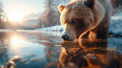 Brown bear Ursus arctos drinking from a river. In winter there is snow and the sun is shining in the natural landscape. Bear has snow in its fur. Blurred background with copy space.