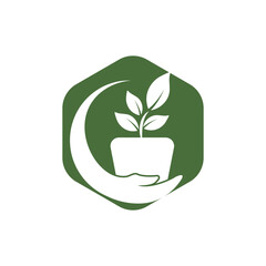 Flower pot in hand vector logo design. Garden care logo design concept.
