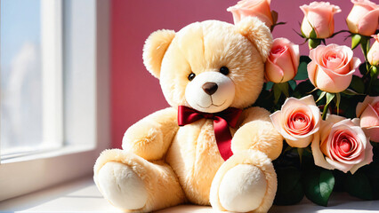 Valentine's Day. Background for February 14. Cute teddy bear with a red bow and hearts on pink background. Plush bear toy - nice Valentine's Day gift.