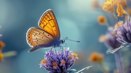 Golden Wings, A Majestic Encounter of a Yellow Butterfly on a Purple Blossom