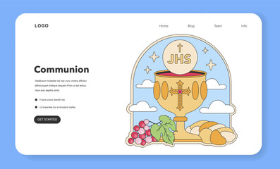 Communion sacrament illustration. Chalice with Eucharist bread and grapes, central symbols of Christian worship and remembrance of Jesus's Last Supper. Flat vector illustration