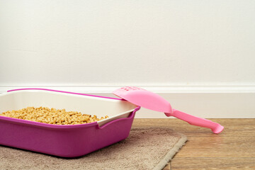 Plastic cat litter box in the bathroom