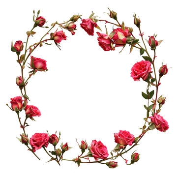 Red rose frame in the shape of circle. Blank template element for postcard design or photo frame