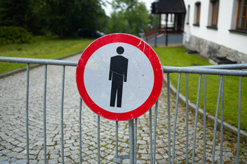 No public access sign on metal gate in Tatra Mountains, Poland. High quality photo 