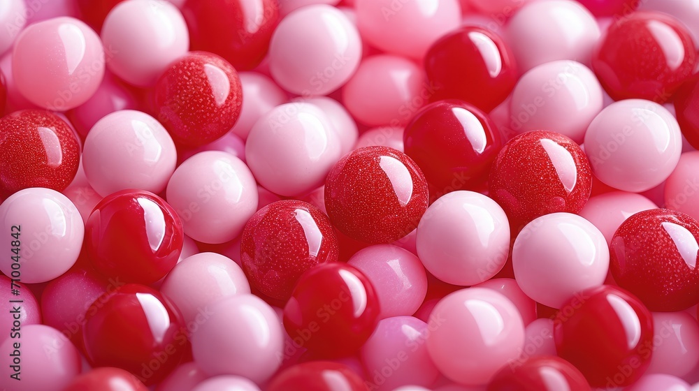 Poster illustration, background full of red and pink candies with different sizes, sharp focus. generative 