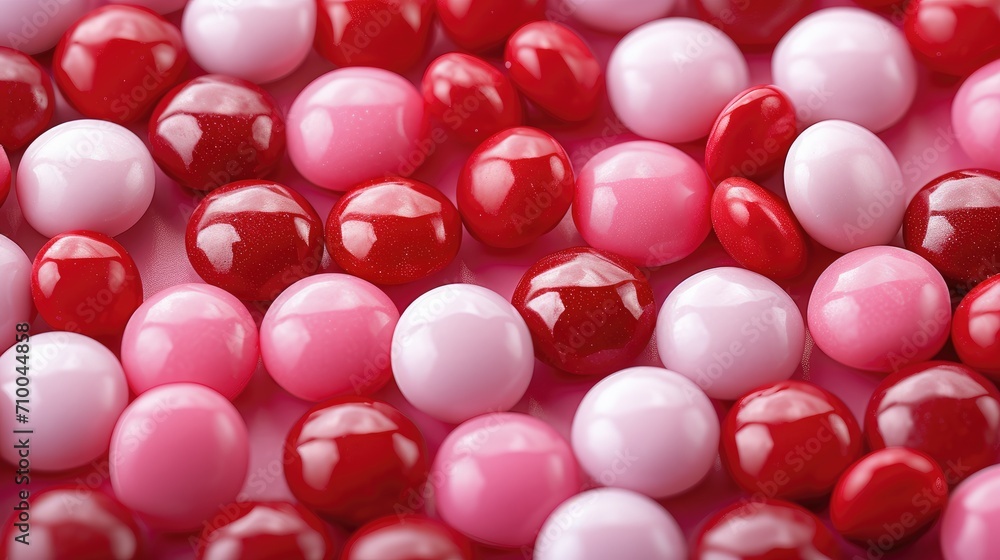 Poster illustration, background full of red and pink candies with different sizes, sharp focus. generative 