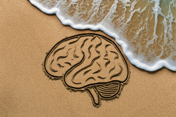 Alzheimer disease metaphor. A brain stick drawing in the sand on a beach. The coming ocean waves are about to wipe out and dissolve the drawing - obrazy, fototapety, plakaty
