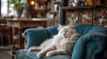 A white fluffy cat sleeps in a velvet blue chair - obrazy, fototapety, plakaty