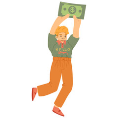 Income growth and salary increase concept. Employee reaching financial desire and wealth by working hard. Man achieving money goal, becoming rich. Flat vector illustration isolated on white background