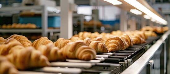 Modern smart bakery using an automatic dough robot to make puff pastry for French croissants on a conveyor line.