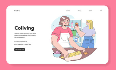 Co-living web banner or landing page. Friends or roommates living together. Characters hang out dormitory or student apartment. Joint living in friends company. Flat vector illustration.