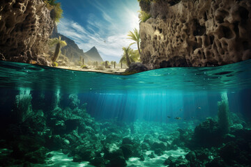Tropical Paradise Underwater and Above Water View with Sunbeams