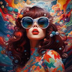 Obraz premium Colorful illustration of a girl wearing sunglasses in psychedelic style