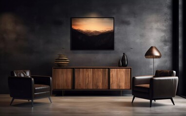 Dark contemporary waiting room interior with wooden sideboard, small coffee table and black armchairs. generative ai