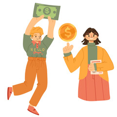 Finance concept. Saving money, analyzing, planning personal budget, investing. Income growth, investment, wealth, financial management. Flat graphic vector illustrations isolated on white background.