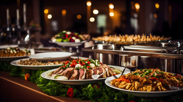 Un grand buffet avec beaucoup de plats lors d'un mariage. 
