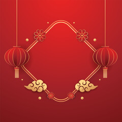 Happy Chinese new year 2024. Chinese new year banner with circle for show product. Greeting card. China frame with lantern on red background.