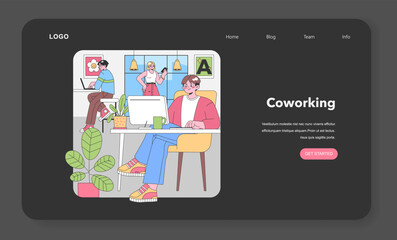 Creative team at work in a vibrant office. Characters engage with tech, discuss projects, and exhibit a collaborative spirit. Artistic decor, natural lighting. Flat vector illustration