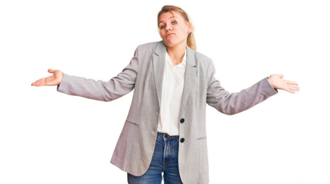 Young beautiful blonde woman wearing elegant jacket clueless and confused expression with arms and hands raised. doubt concept.