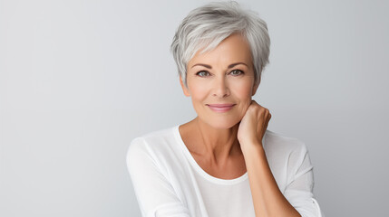 Beautiful mature woman in her 50s with short gray hair and perfect skin, looking at the camera smiling, isolated on white background