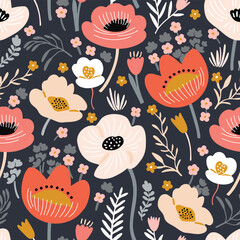 Seamless floral pattern with flowers and leaves. Vector illustration in doodle style