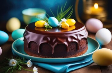 Easter, Easter pastries, homemade Easter cake decorated with colorful eggs, chocolate dessert