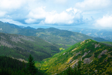 Mountain panorama of the Tatra Mountains from Kasprowy Wierch (Kasper Peak) on a summer day in Poland. Aerial view 
