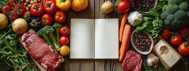 Notebook in the middle and around vegetables, Fruits, Meat, Everything is intended for a diet Healthy and balanced nutrition. Generative AI. - obrazy, fototapety, plakaty
