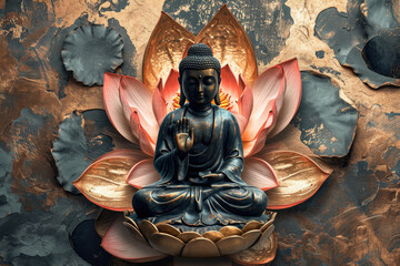 Buddha statue with a lotus flower on an abstract beautiful decorative shining background, Asia faith spirit and culture. - obrazy, fototapety, plakaty