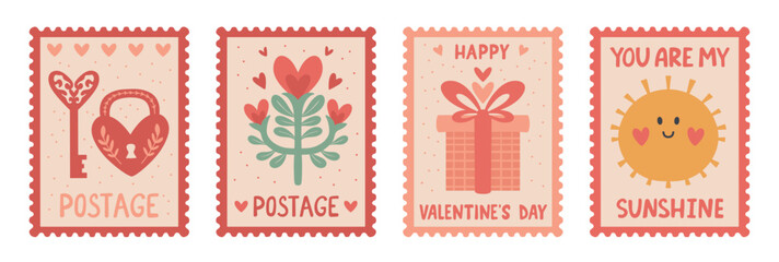 Valentine's Day Postal Stamp Set: Vector Collection of Love Themed Stickers. Isolated Romantic elements with Hearts, Lock and Key, and Gift Box for Journal Stickers, Scrapbooking, and Greeting Cards - obrazy, fototapety, plakaty