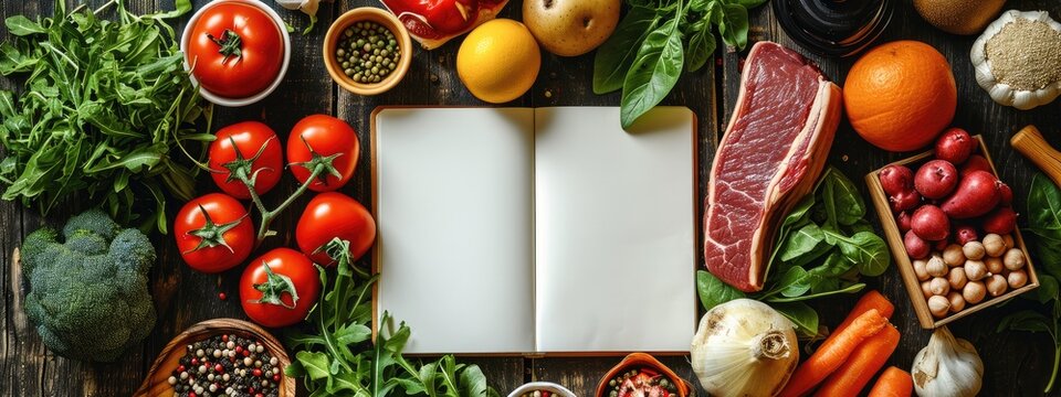 Notebook in the middle and around vegetables, Fruits, Meat, Everything is intended for a diet Healthy and balanced nutrition. Generative AI.