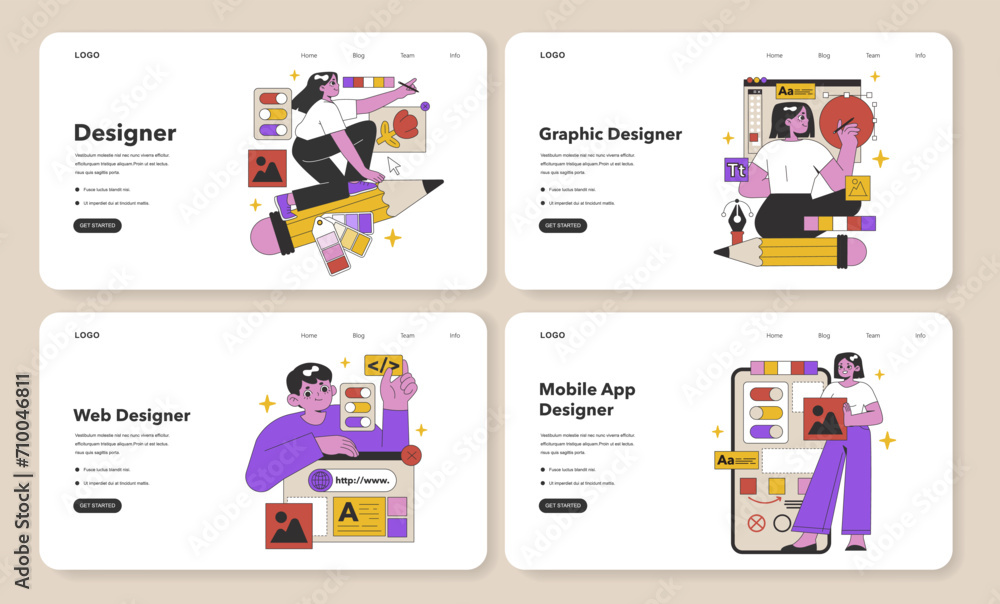 Poster design professionals in action set. artists immersed in graphic, web, and mobile app design, shaping