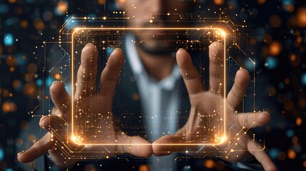 An abstract background template featuring a businessman with a futuristic touch, Showcase the elegance of technology by incorporating hi-tech elements around the businessman hand. Generative AI.