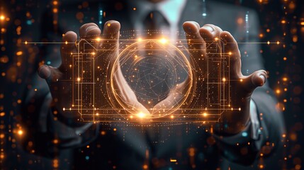 An abstract background template featuring a businessman with a futuristic touch, Showcase the elegance of technology by incorporating hi-tech elements around the businessman hand. Generative AI.