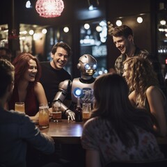 a robot sharing a laughter-filled moment with a group of cheerful human friends over beers in a trendy bar during the nighttime