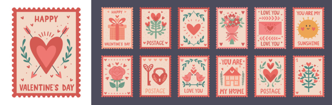 Valentine's Day Postal Stamp Set: Vector Collection of Love Themed Stickers. Isolated Romantic elements with Heart and Arrow, Rose, and Gift Box for Journal Stickers, Scrapbooking, and Greeting Cards