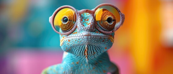  Funny chameleon wearing sunglasses in studio with a colorful and bright background, right side of the composition