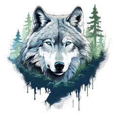 wolf in the forest, vibrant color, t-shirt design, isolated on white